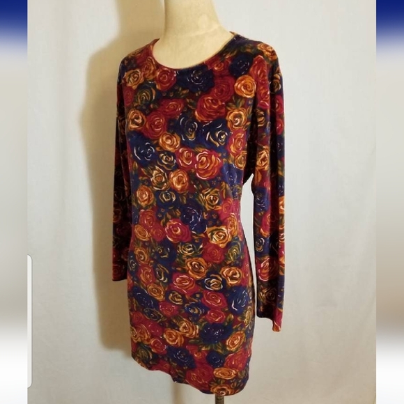 VINTAGE VELVET MINI DRESS FLORAL ROSE FALL AUTUMN WINTER PREPPY HIPSTER 90S LIZ - Picture 6 of 10